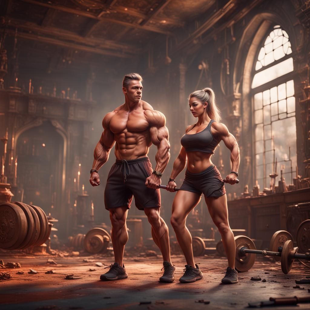 Muscle Couple Workout in Fantasy Concept Art Style
