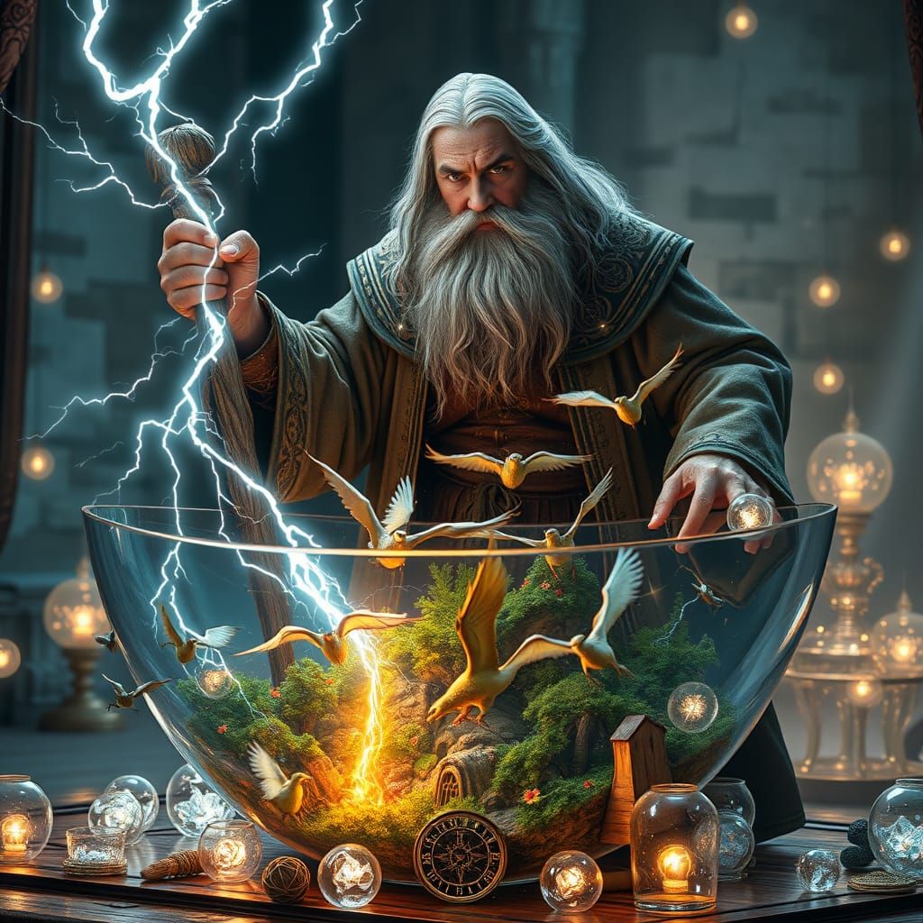 Mystical Wizard Unleashes Lightning Bolt into Celestial Glas...