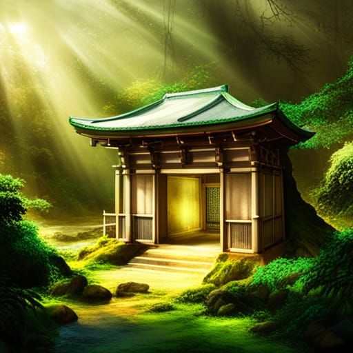 Japanese Shrine in Forest, Watercolor Concept Art