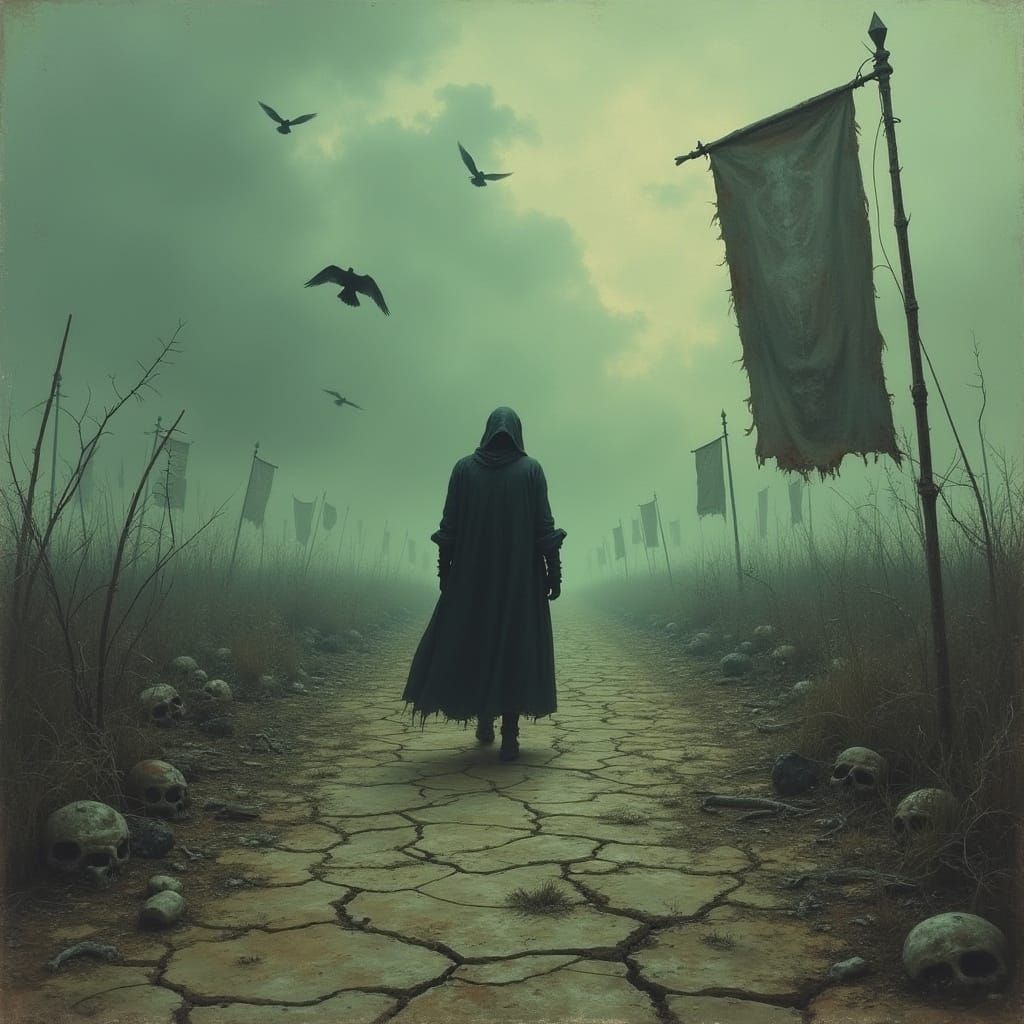 Desolate Battlefield Traveler in Dark Fantasy Style