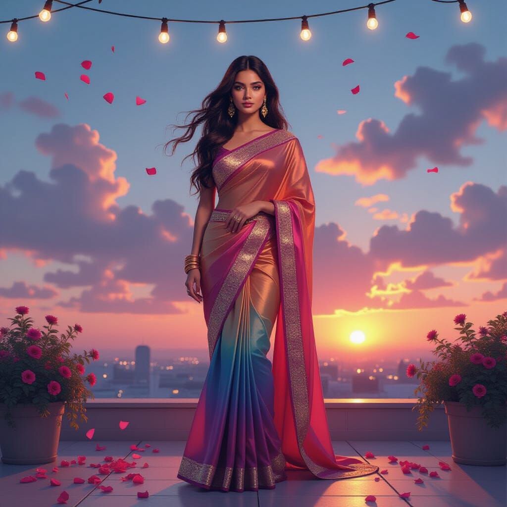 Woman in Rooftop Garden at Sunset: Digital Painting