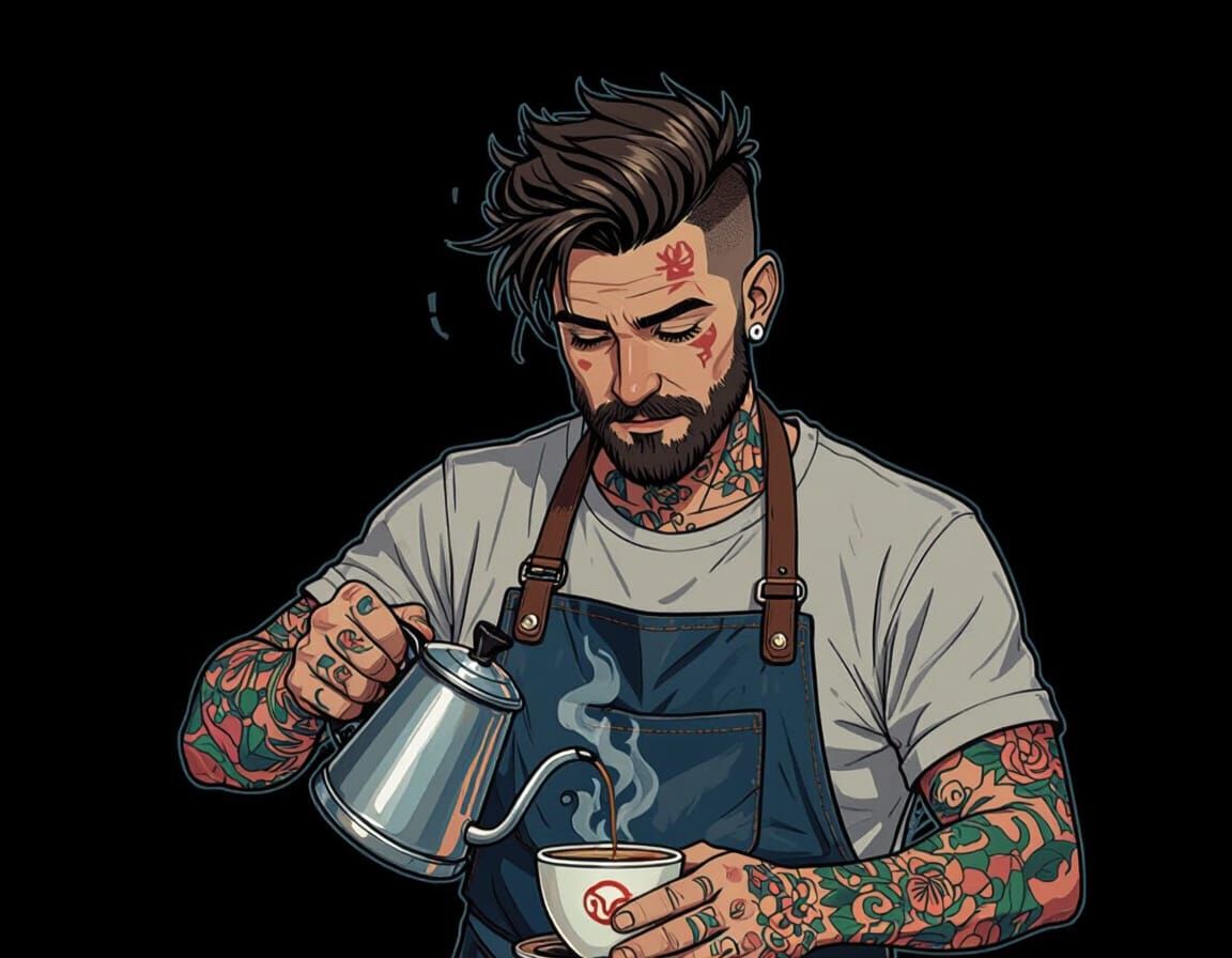 Cartoon Tattooed Barista Pouring Coffee in Vibrant Style