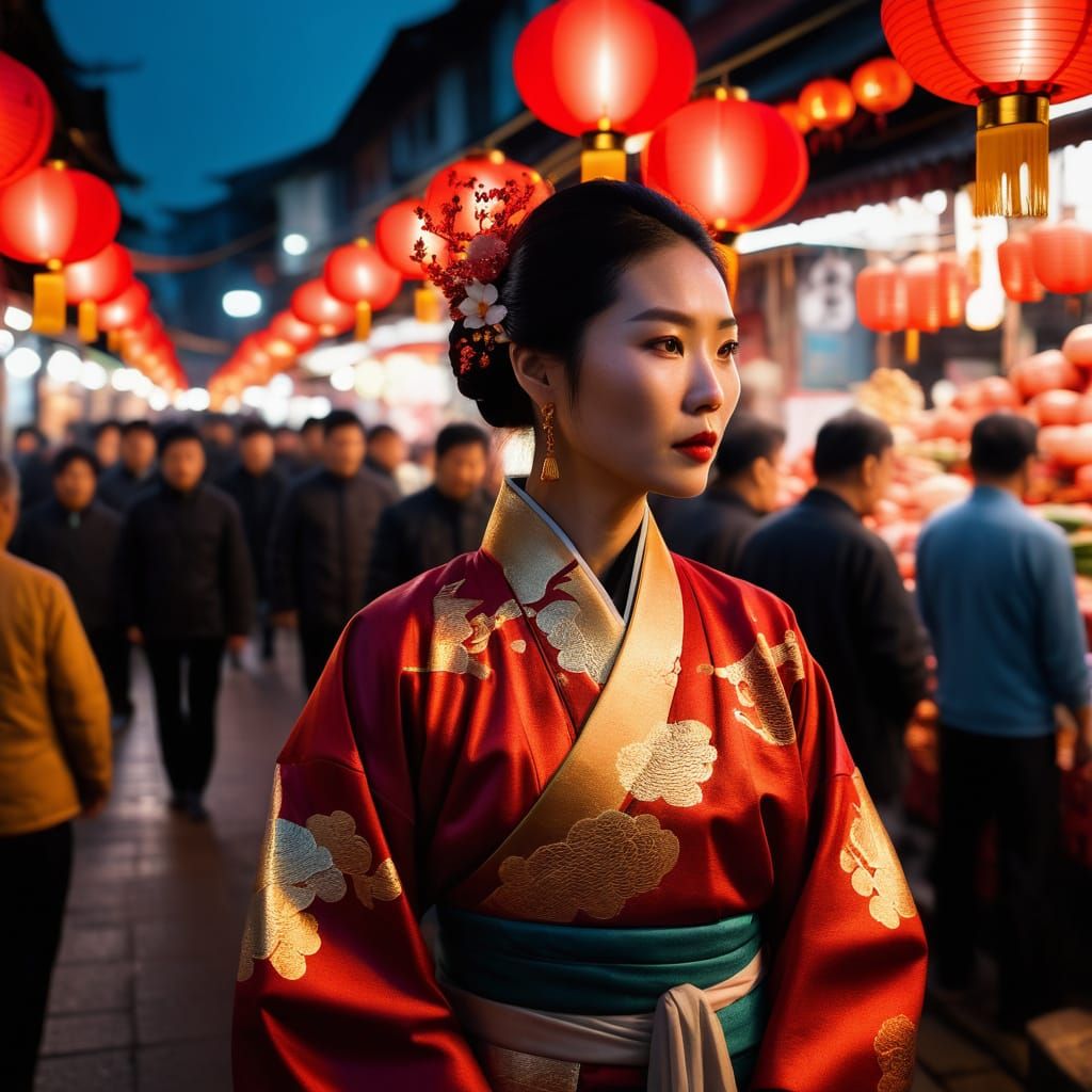 Elegant Asian Woman in Traditional Chinese Dress at Night Ma...