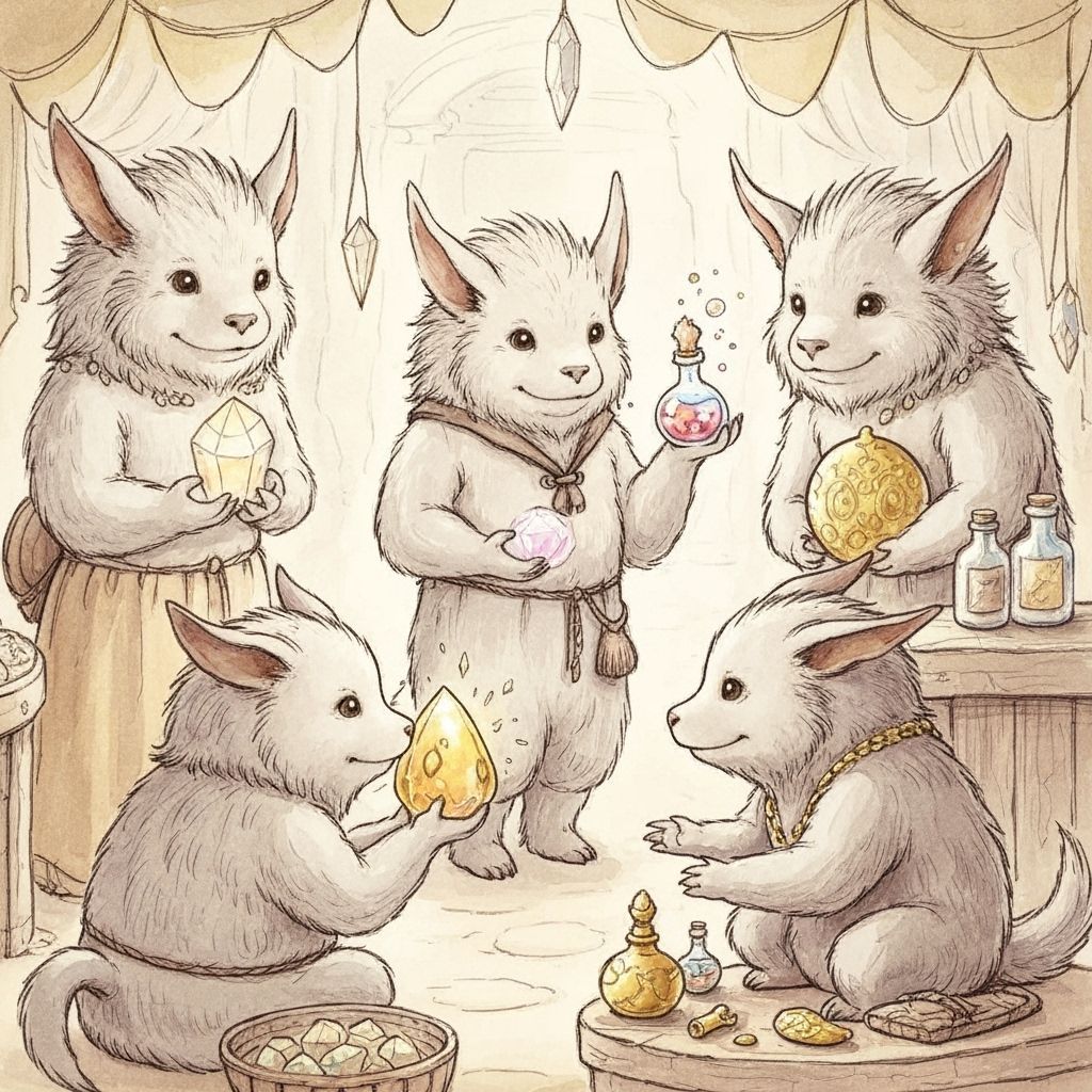 Fluffaks Merchants Trading Magical Items in Watercolor Style
