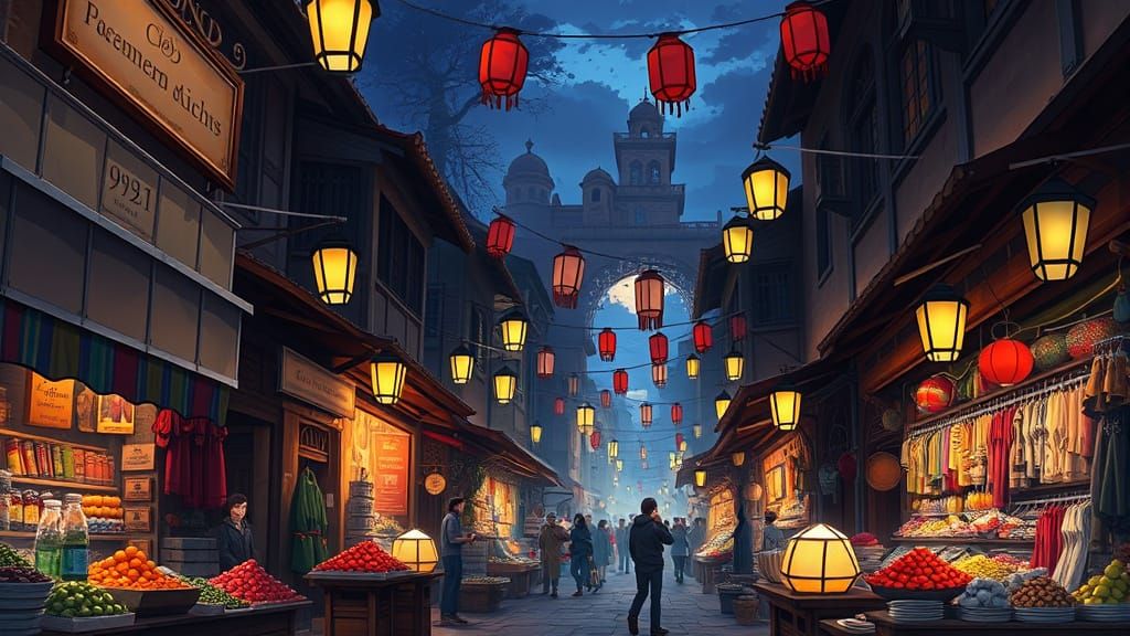 Medieval Night Market in Vibrant Anime Style