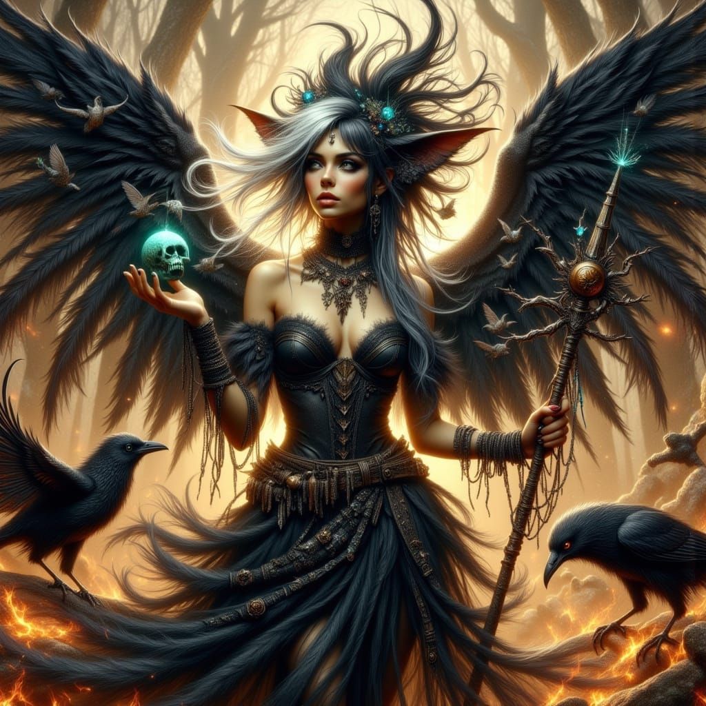 Mystical Fairy Creature with Skull Wand Digital Art