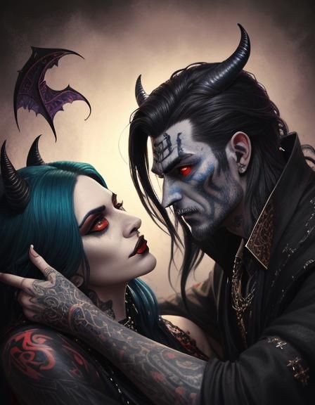 Tattooed Demon Vampire Magician Couple in Splash Art Style