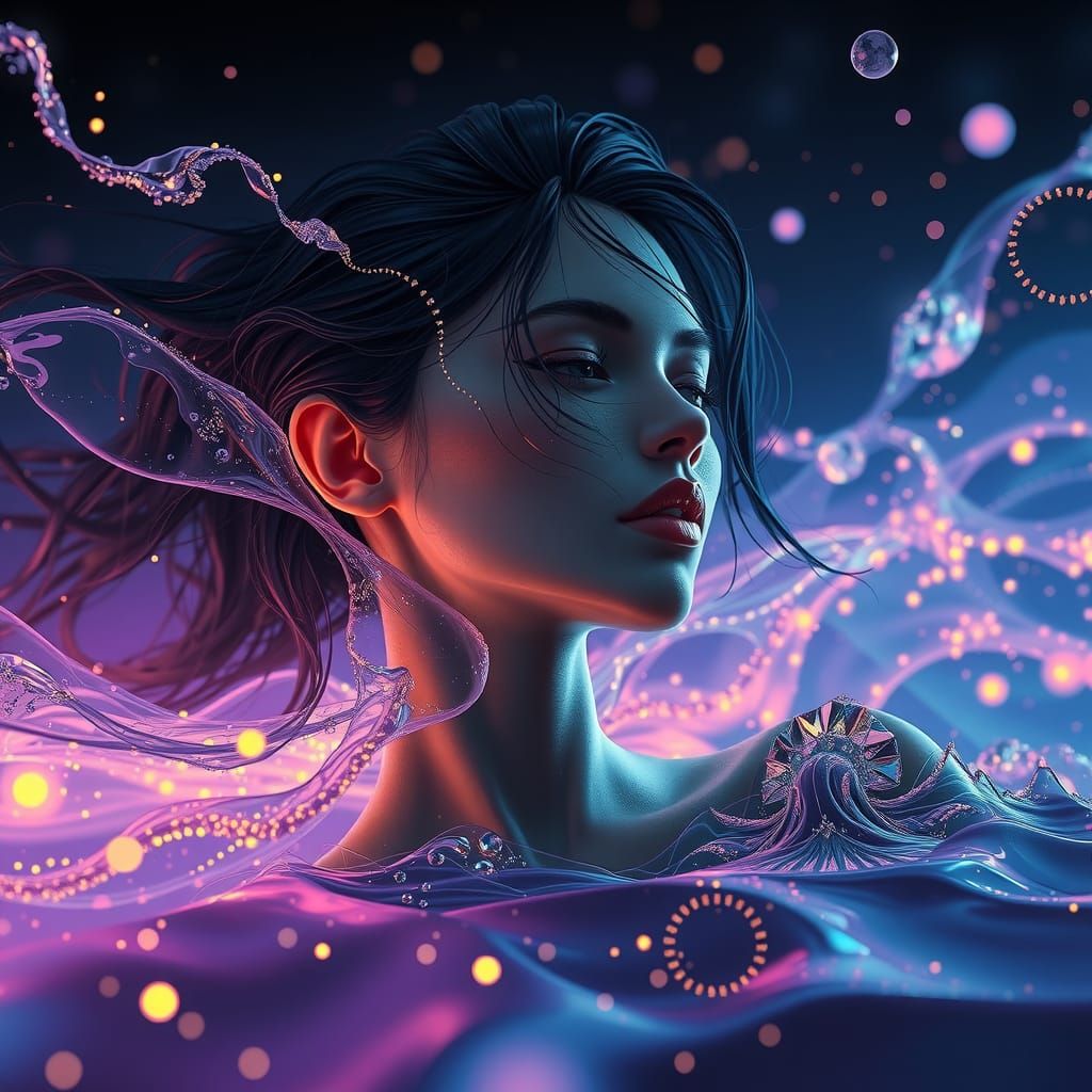 Dreamy Woman by Sea with 3D Fractals