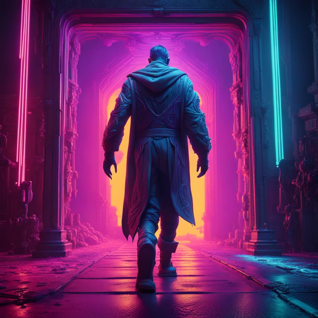 Neon Man Enters Portal: Detailed Fantasy Concept Art