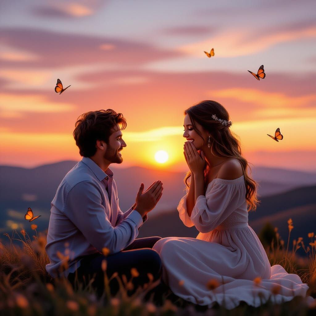 Romantic Sunset Proposal Scene on Hill