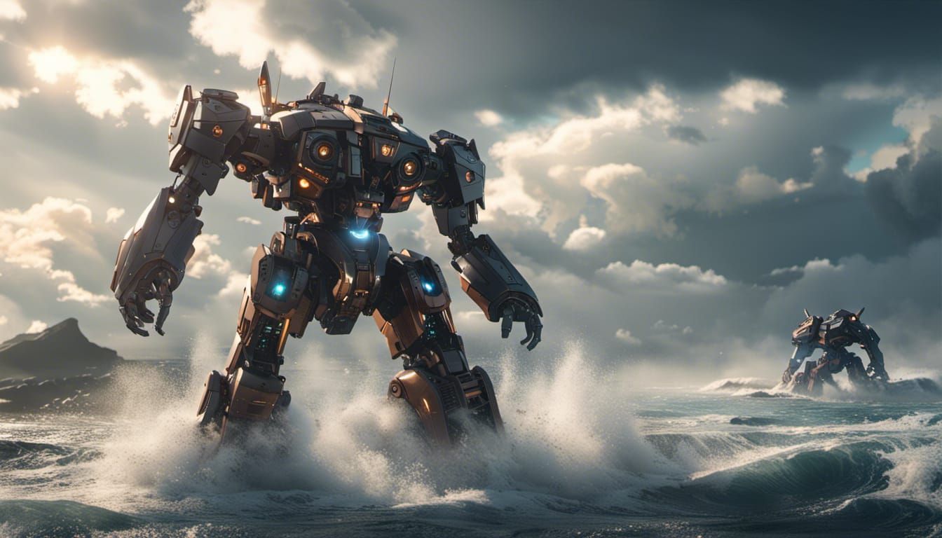 Epic Mech Battle Above the Ocean in Sci-Fi Style
