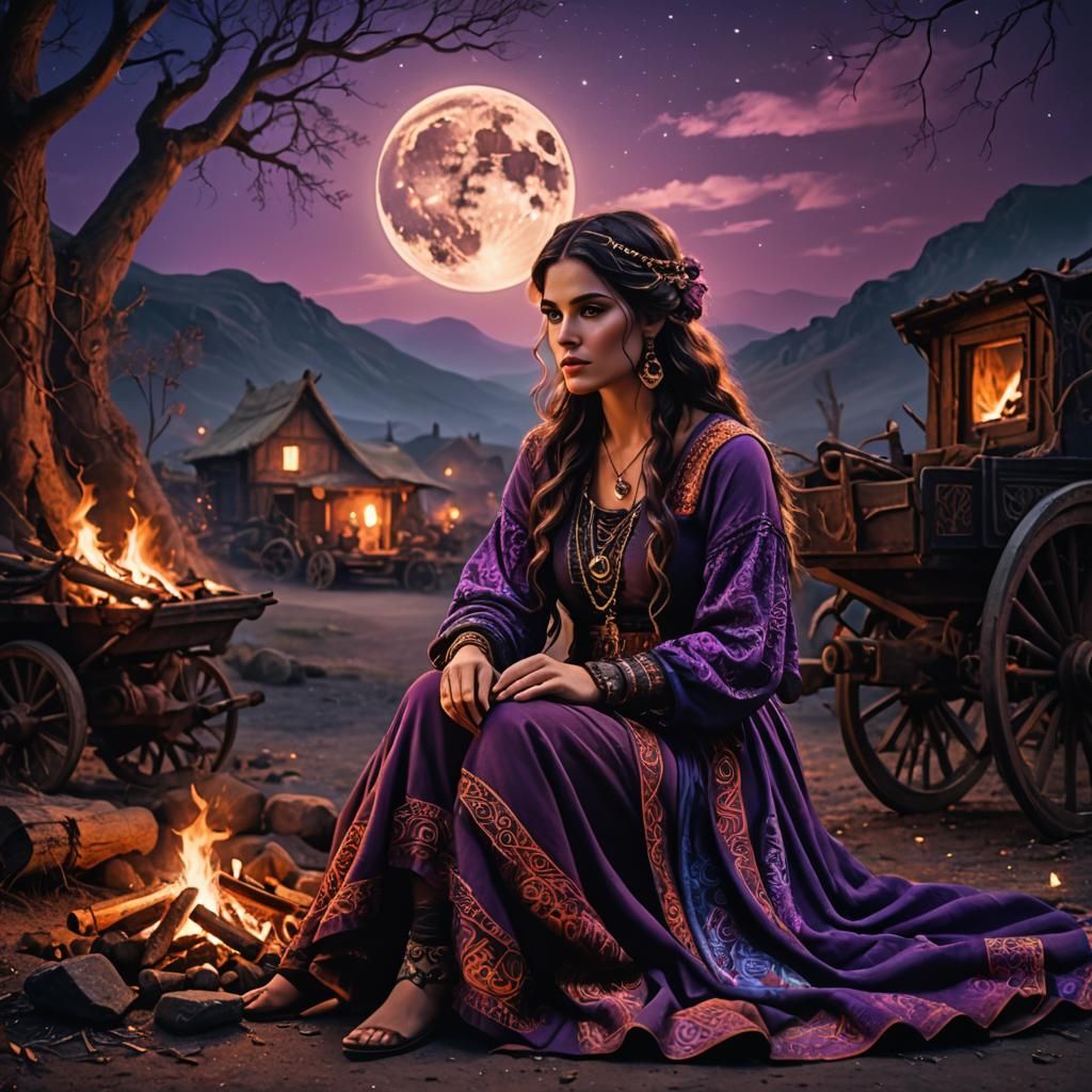 Gypsy Girl Under Moonlight: Dark Fantasy Concept Art