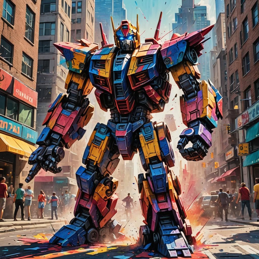Transformers Clash: Vibrant Crayon Art Robot Battle