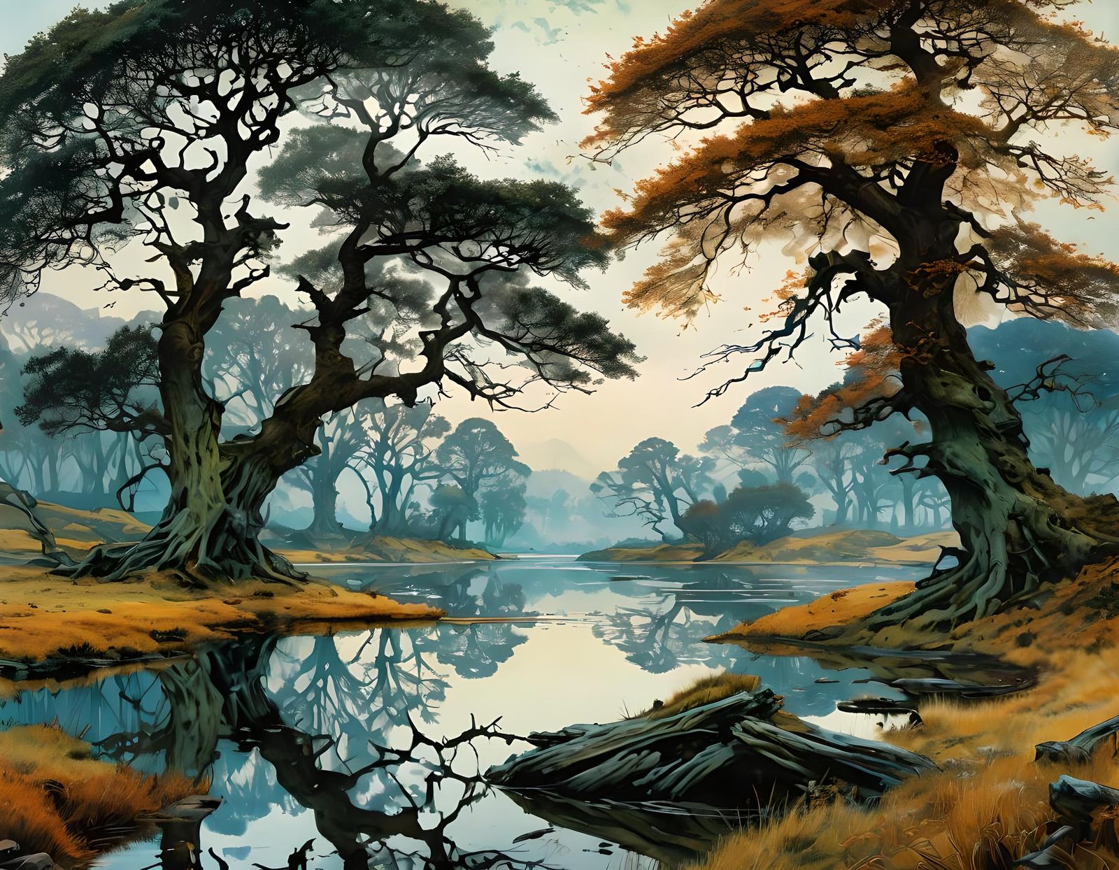 Romantic Lake Landscape with Oak Trees