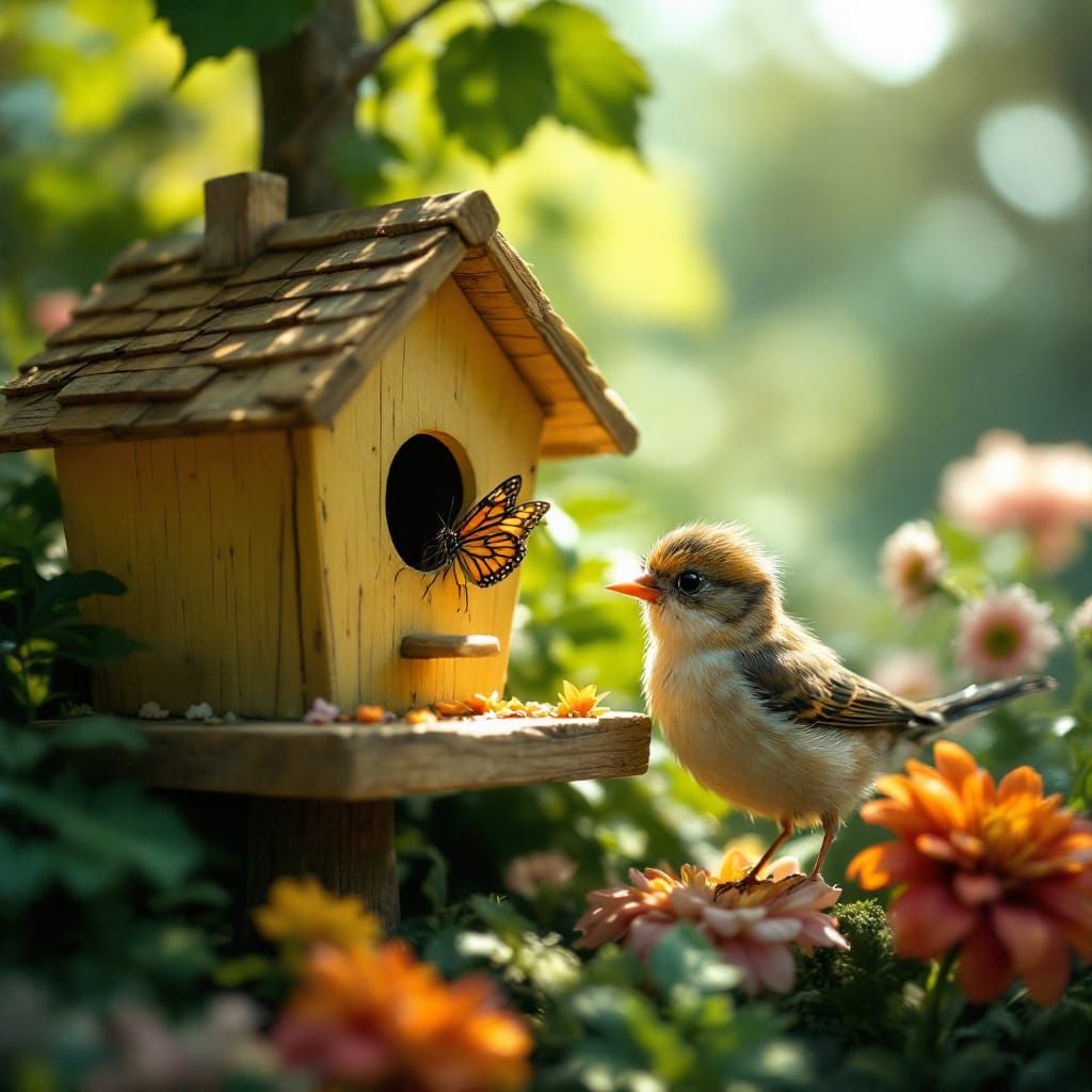Baby Bird & Butterfly Build Birdhouse in Lush Garden