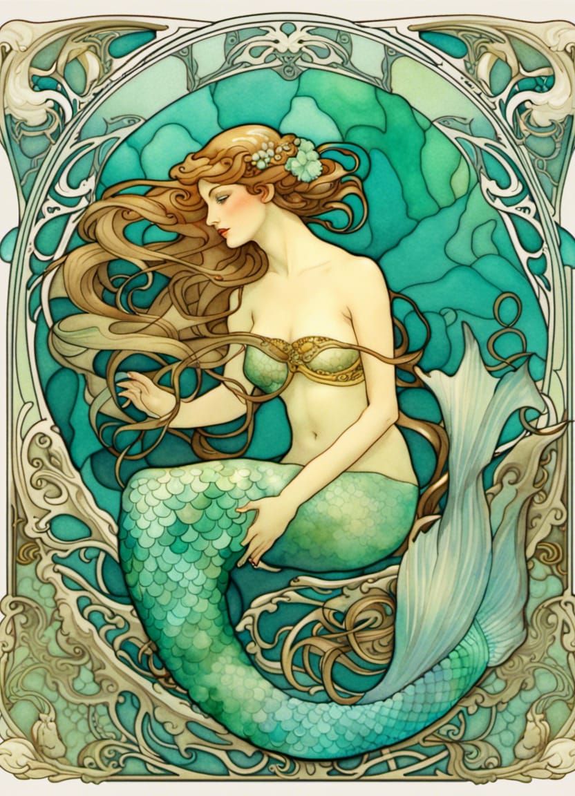 Elegant Teal Mermaid in Art Nouveau Style