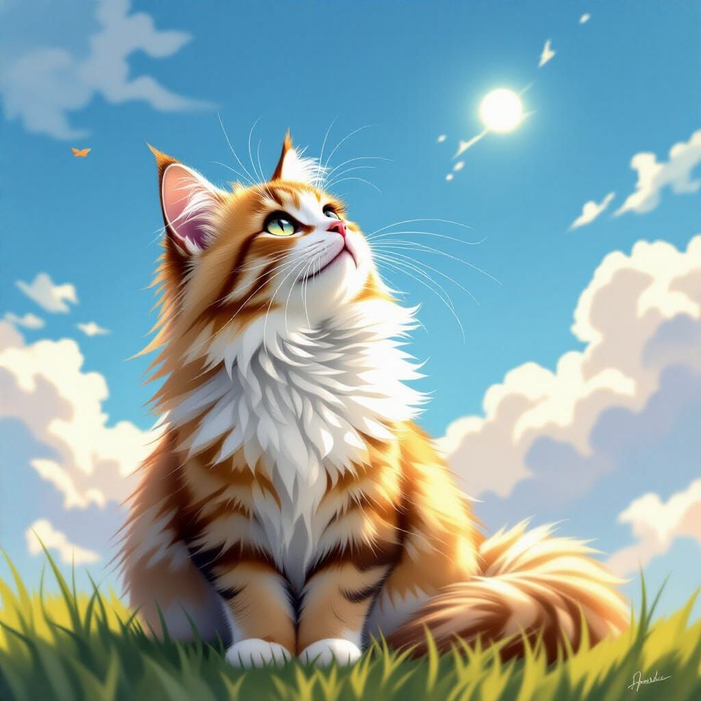 Curious Cat Gazing Skyward: Digital Art