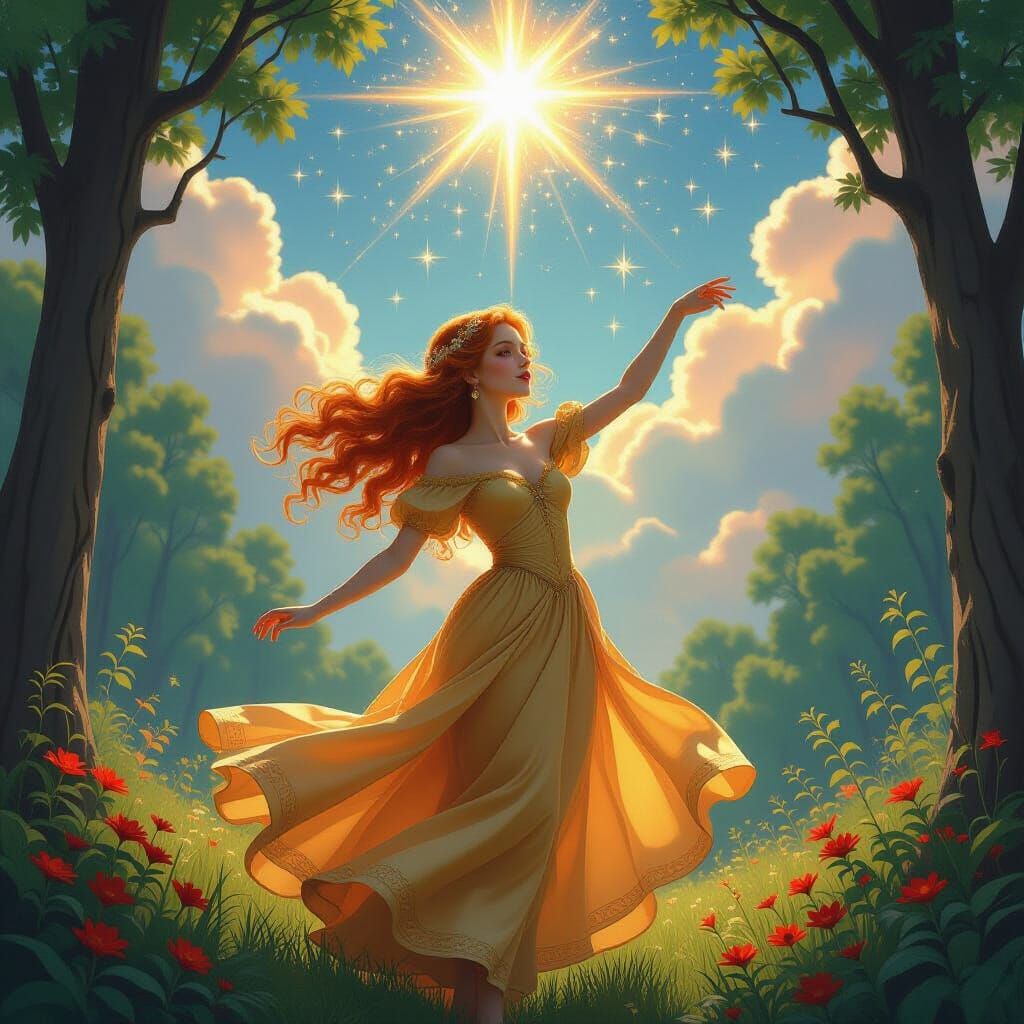 Enchanting Forest Dancer in Golden Dress Under Starry Sky