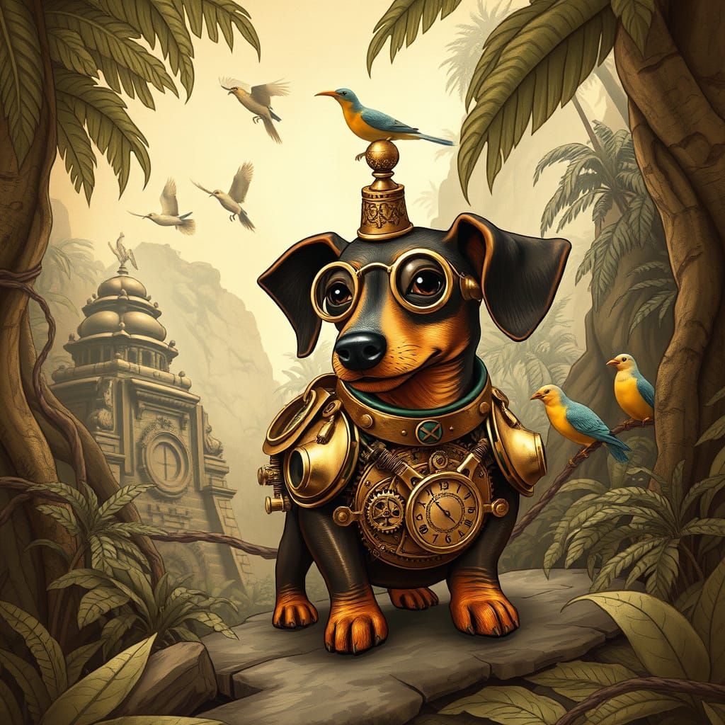 Steampunk Dachshund Explores Jungle Ruins in Elegant Industr...