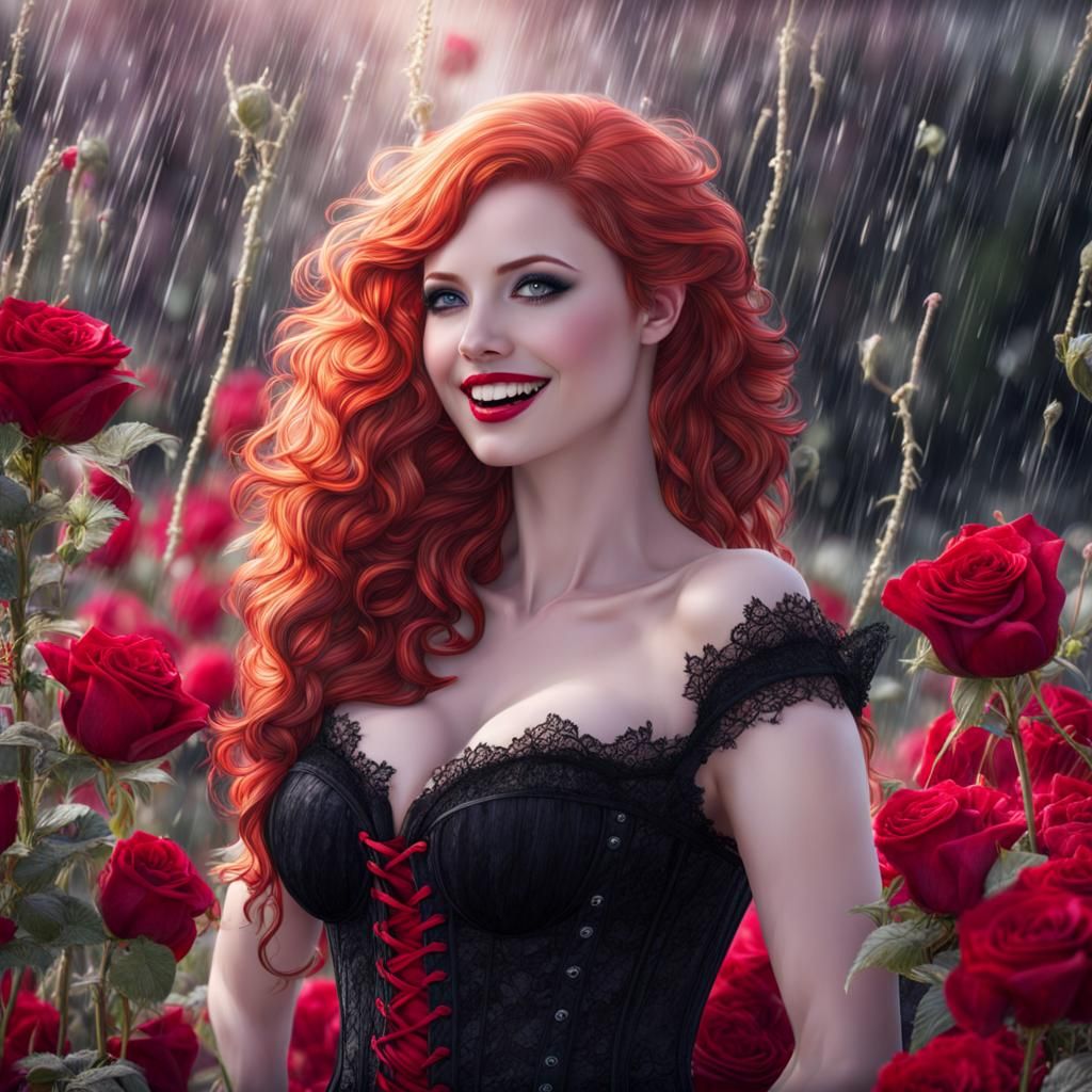 Redhead Vampire in Rainy Rose Field, Photorealistic Gothic