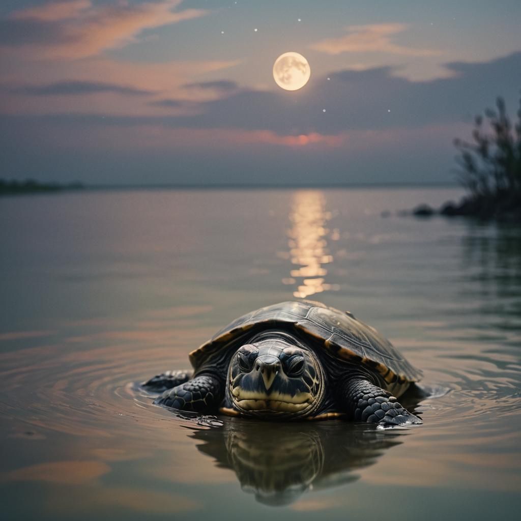 Dreamy Turtle Gazes at Moon in Soft Focus