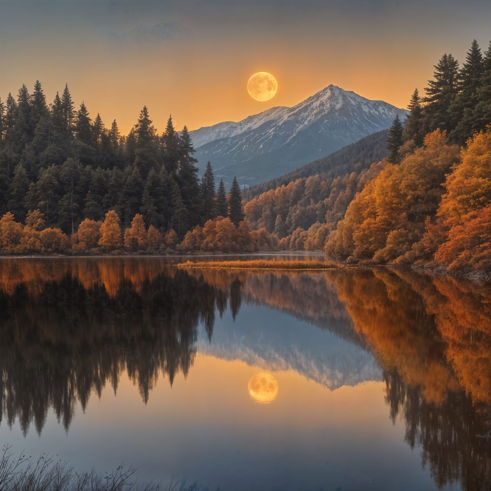 Tranquil Autumn Lake Reflects Glowing Moonlit Sky