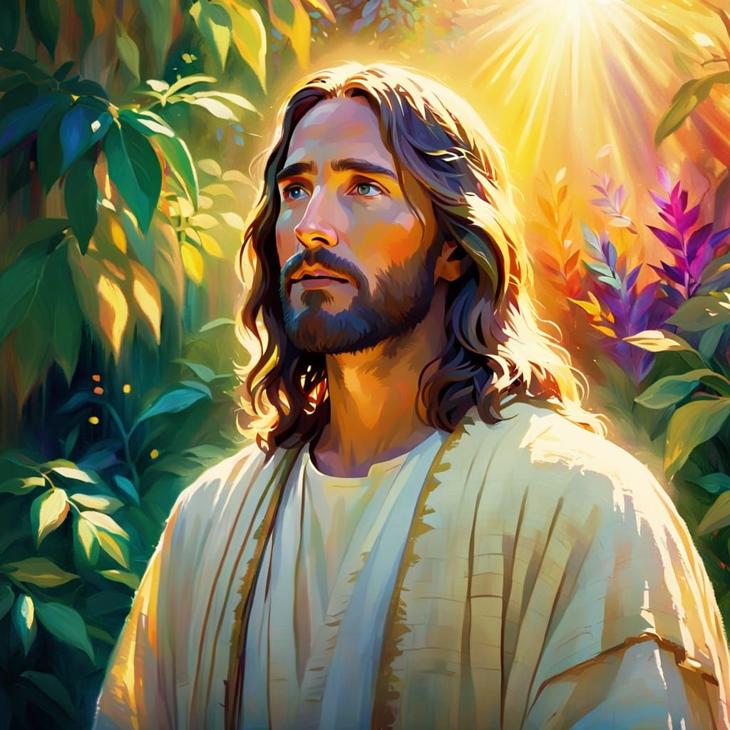 Jesus in Lush Garden: A Triadic Oil Painting