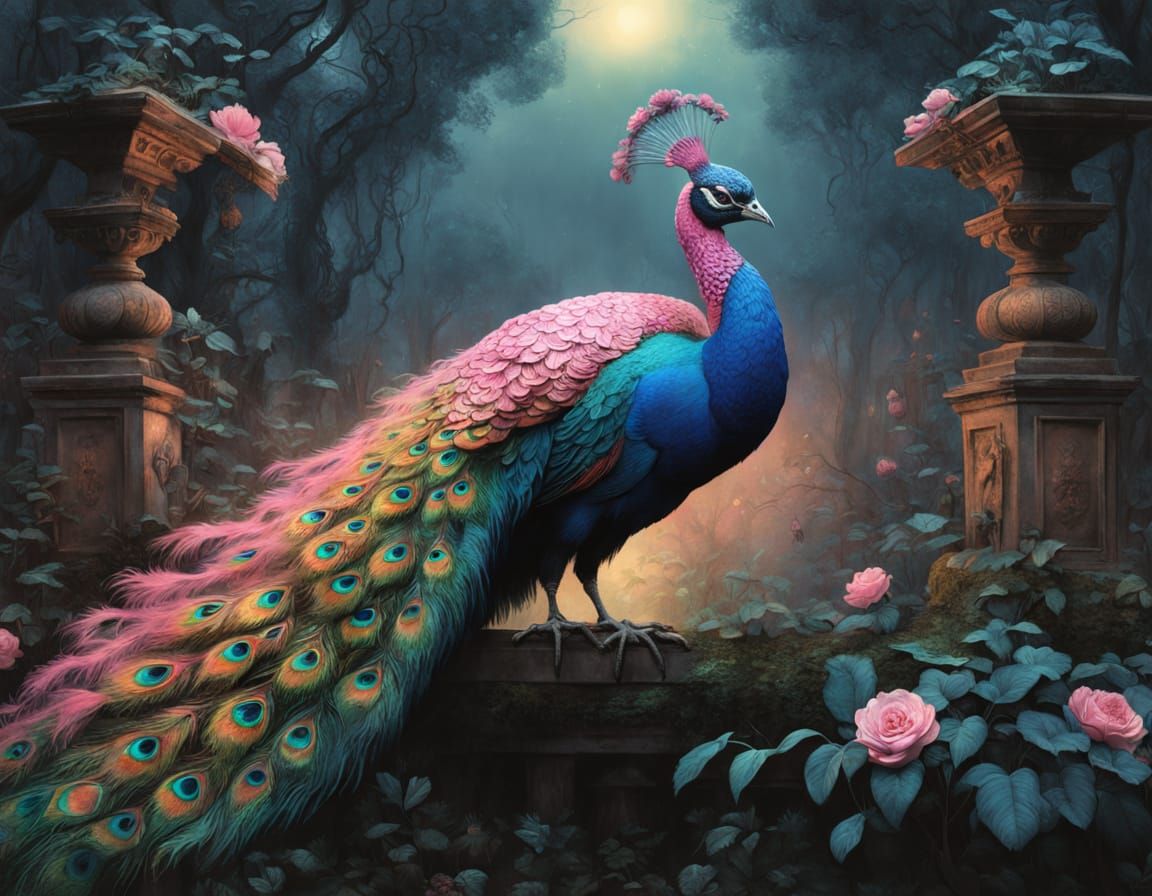 Pink and Gold Peacock in Rococo Garden