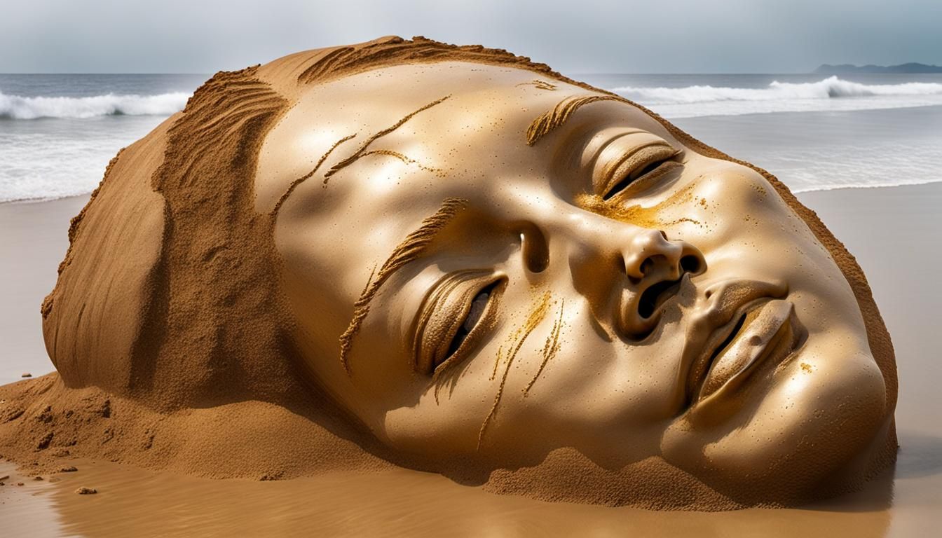 Sand Sculpture of Girl's Head Eroded by Tide