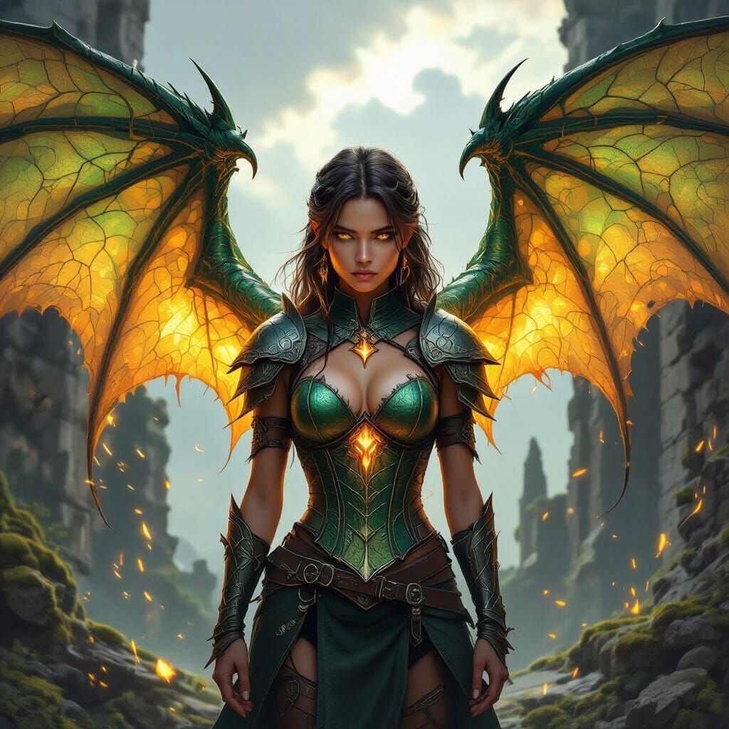 Awakened Power: Girl with Emerald Dragon Wings in Ruined Cas...
