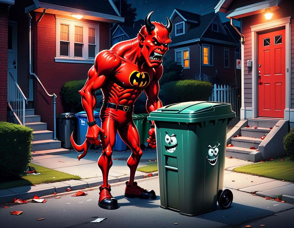Red Devil Yelling by a Trash Can at Night