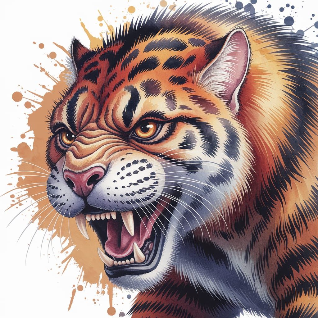 Watercolor Portrait of an Angry Smilodon in Vibrant Hues