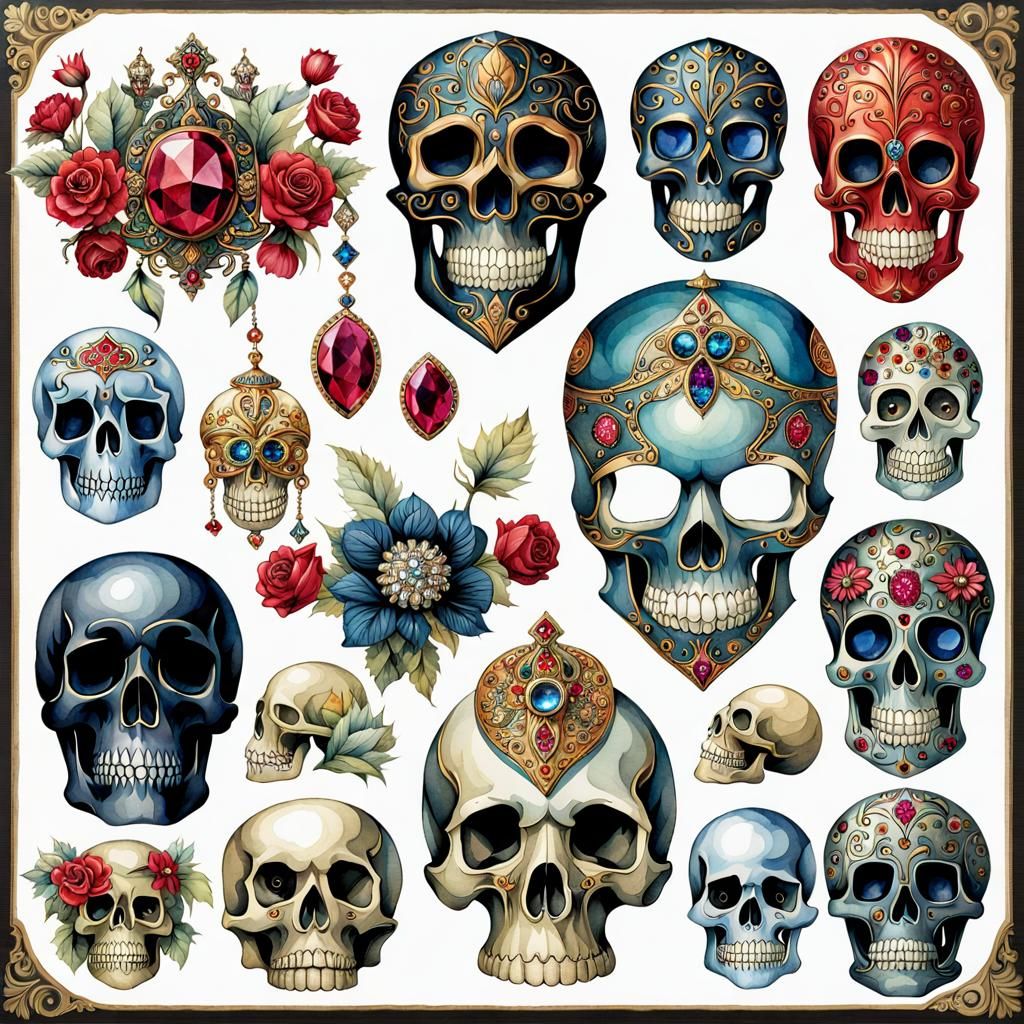 Jeweled Gothic Skulls Sticker Sheet in Watercolor Style