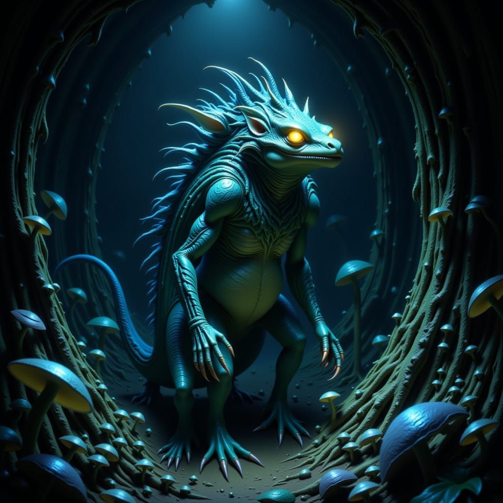 Kobold in Bioluminescent Cavern, Fantasy Concept Art