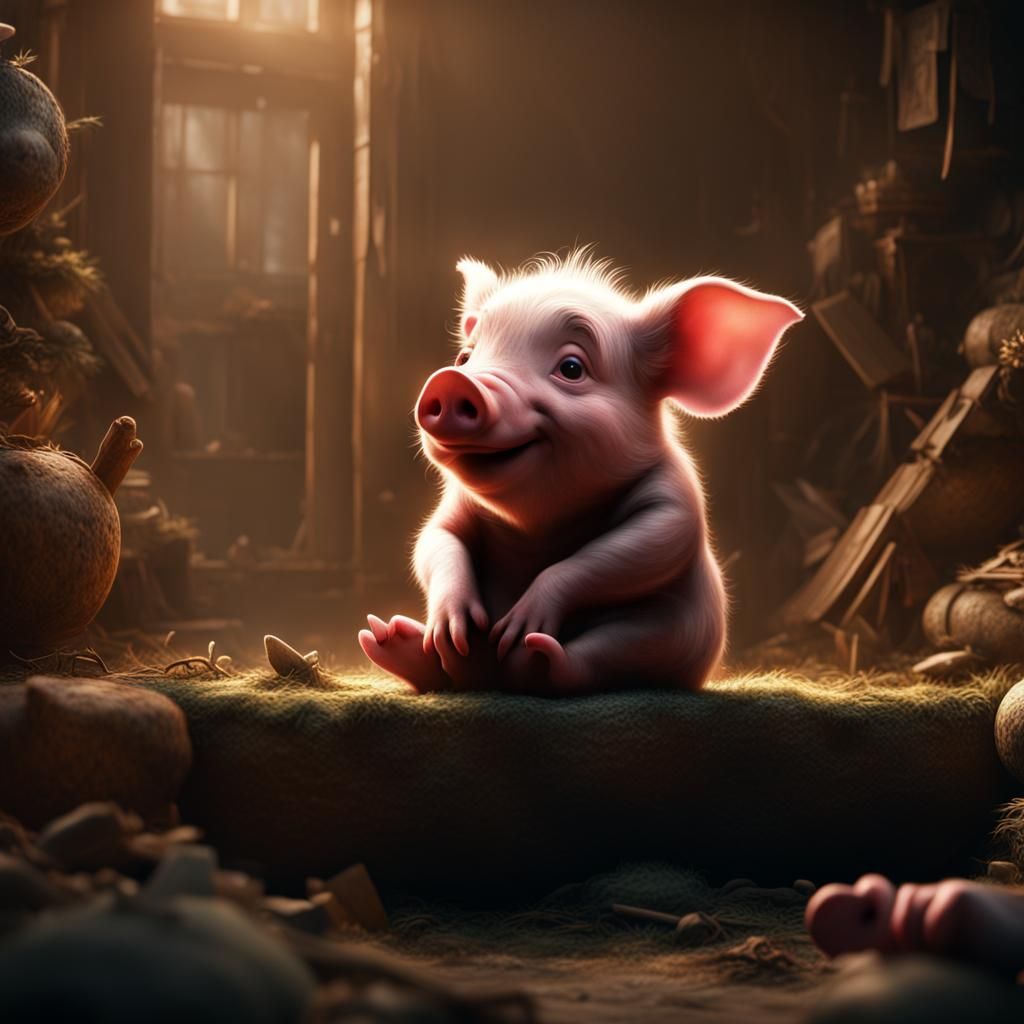 Detailed Digital Painting of a Sitting Piglet
