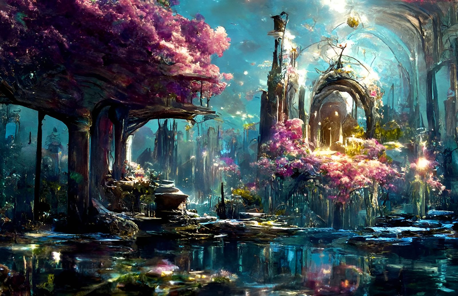 Luminous Underwater Temple Ruins: Fantasy Digital Artwork