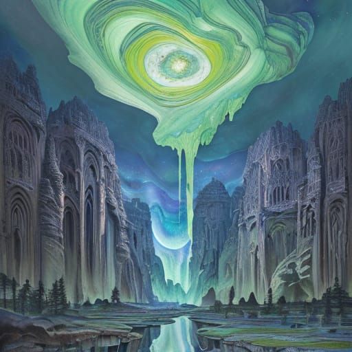 Cathedral Landscape in Gouache Style, Impasto Painting