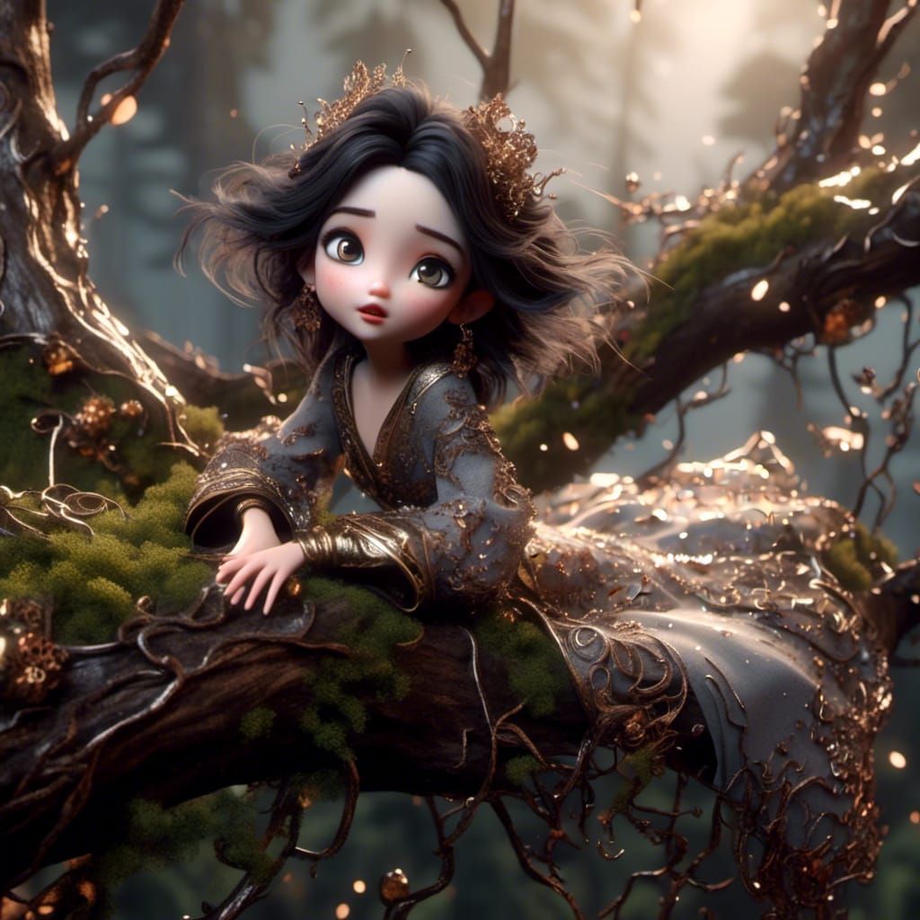 Cute Chibi Girl Sleeping on Tree Branch