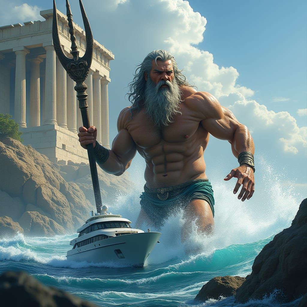 Poseidon with a tri-fork emerging of the sea, angry expressi...