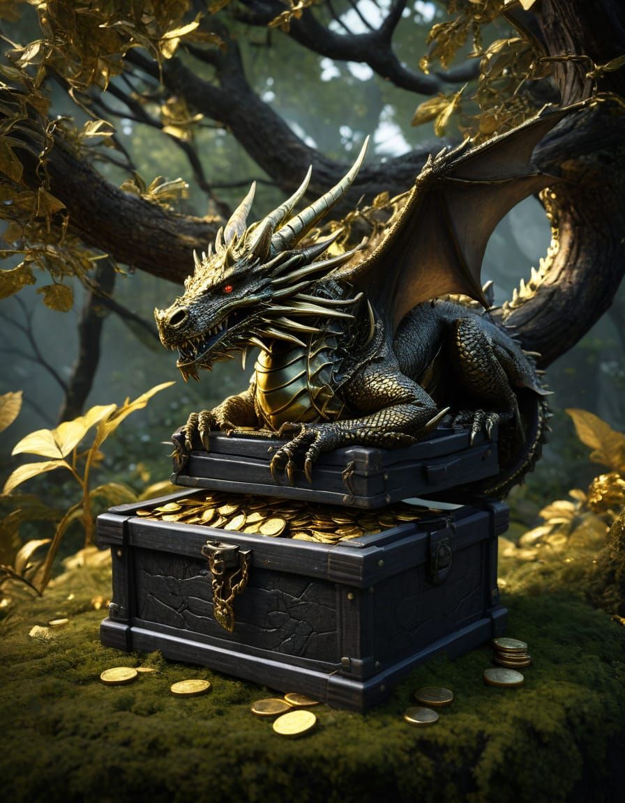 Fantasy Dragon Adorned with Golden Treasure Pendant