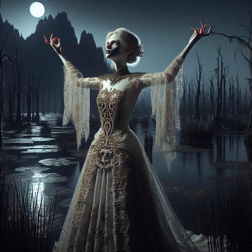 Vampire Woman in Shadow Dress Raises Hands