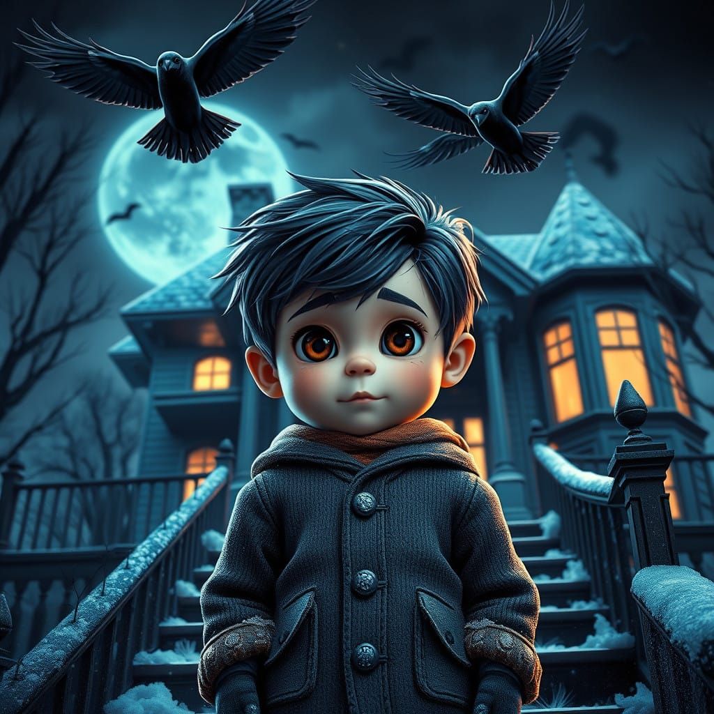 A Young Boy Stands Before a Haunted Mansion in Neon Glow