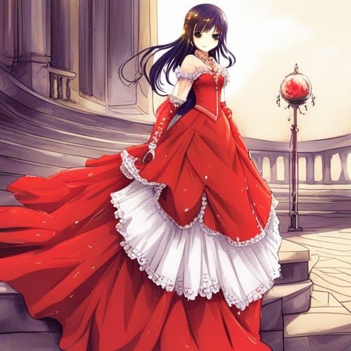 Anime Princess in Red Ballgown