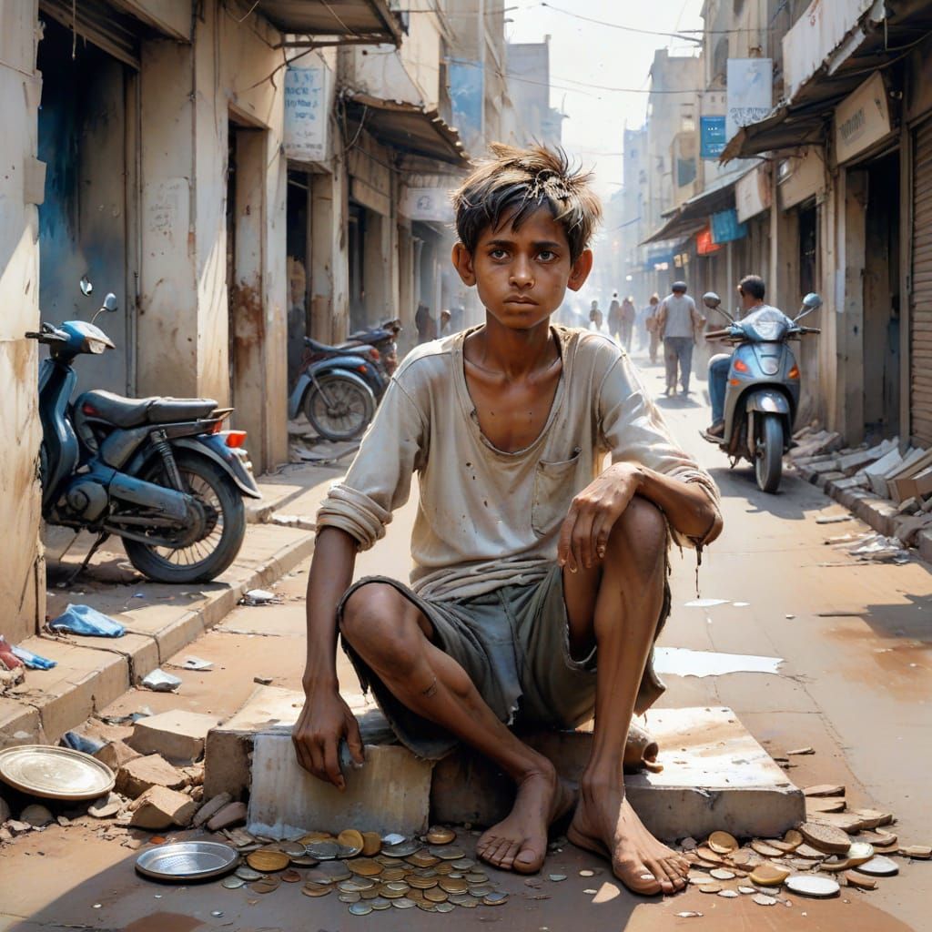 A Young Indian Boy's Hopeful Plea Amidst Mumbai's Bustling S...