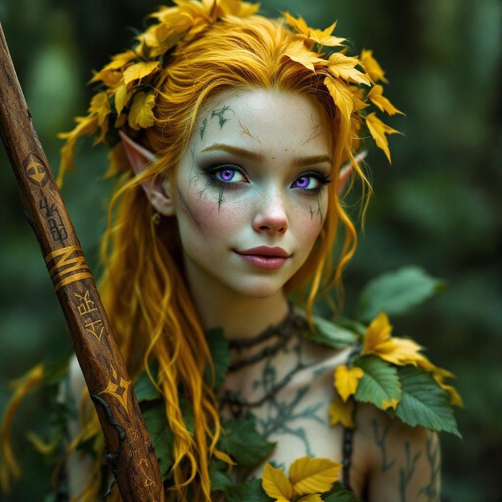 Eladrin Druid with Yellow Hair and Runed Bow