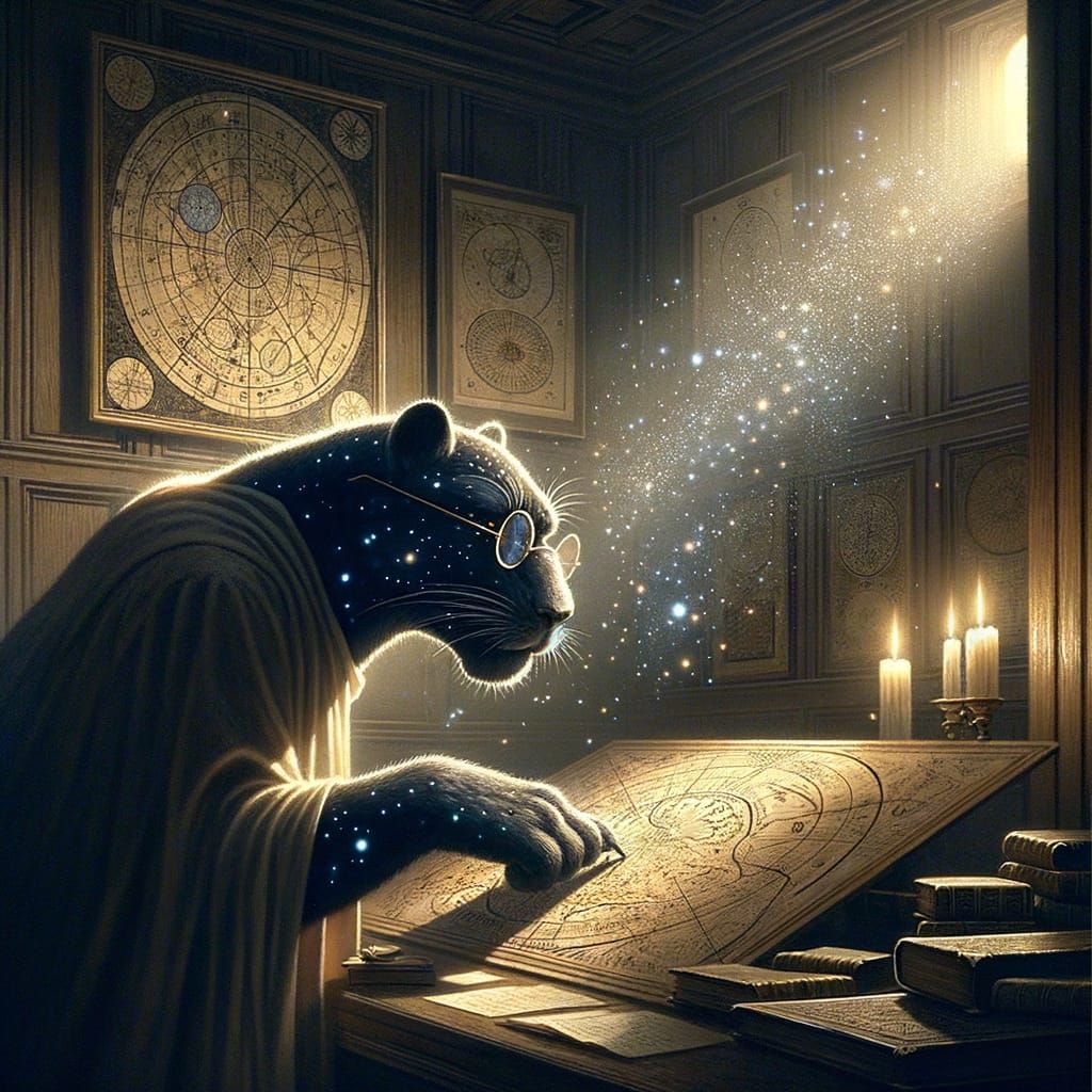 Scholarly Panther Examines Celestial Maps by Moonlight