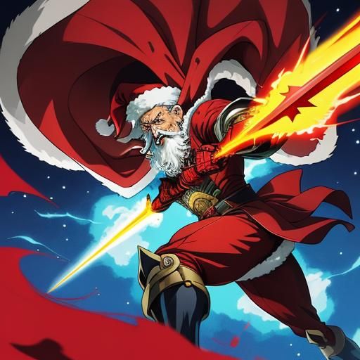 Santa Claus Charges Dragon in Anime Style