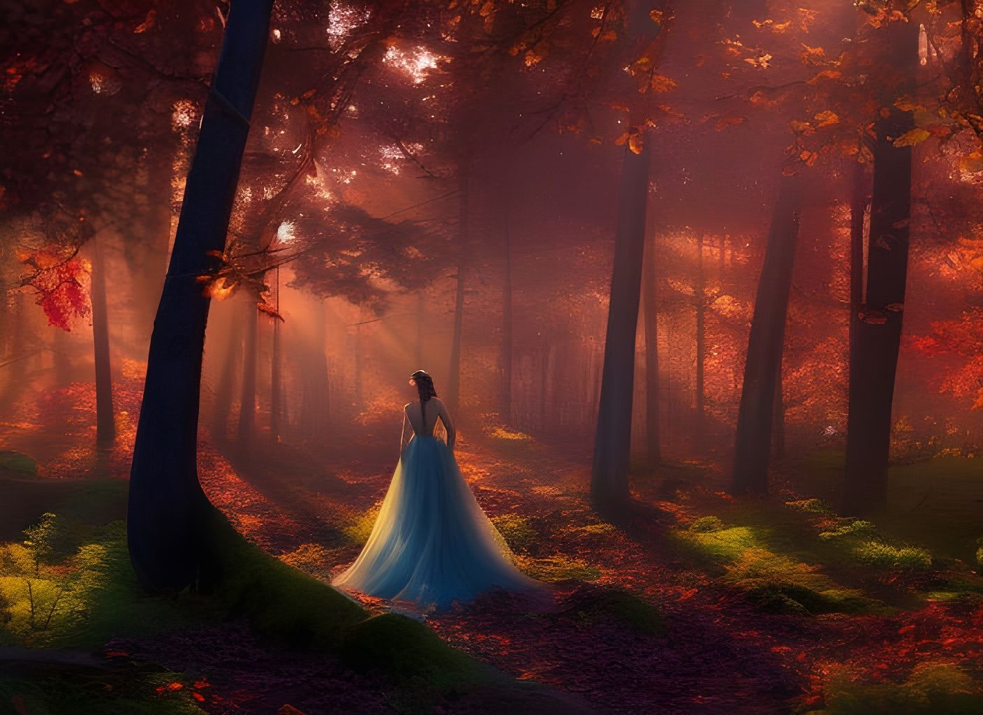 Woman in Glowing Dress in Autumn Forest: Digital Art