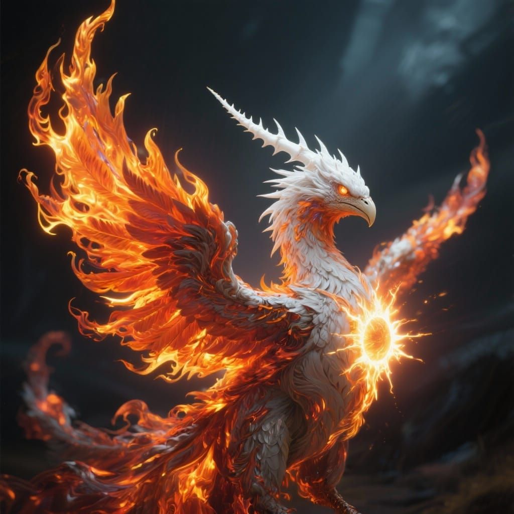 Majestic Phoenix Hybrid with Fiery Plumage and Glowing Sting...