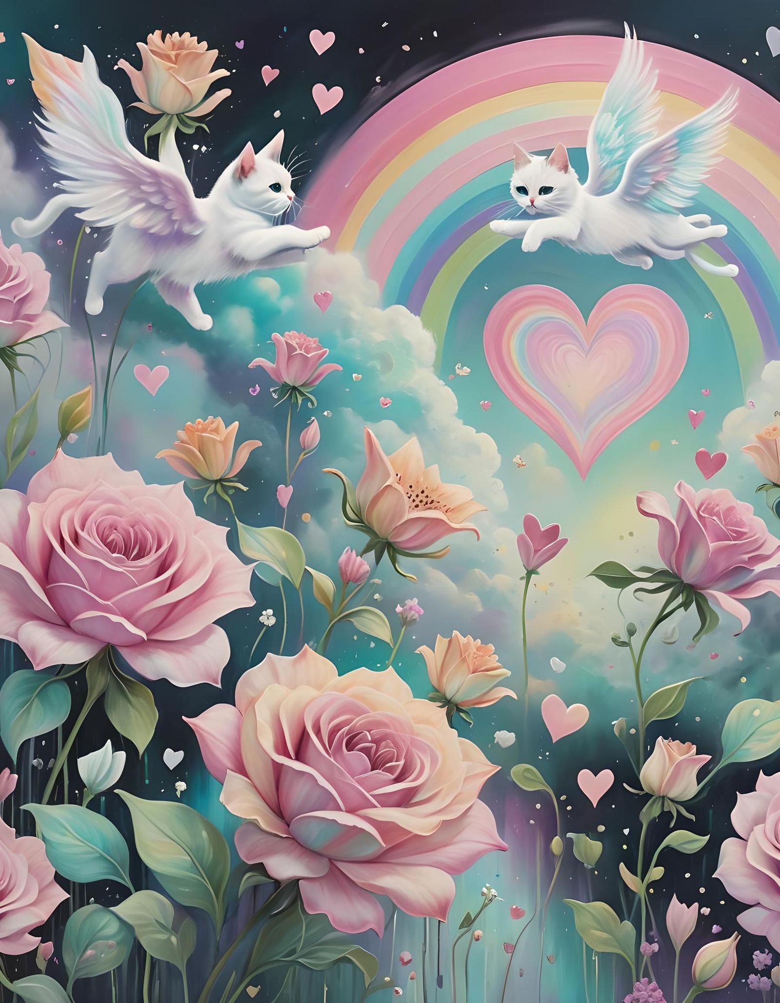 Whimsical Cat Angels in a Vibrant Pastel Paradise